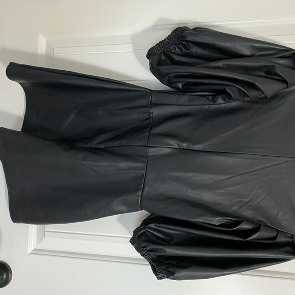 PU Leather Look Puff Sleeve Romper - Picture 2 of 4